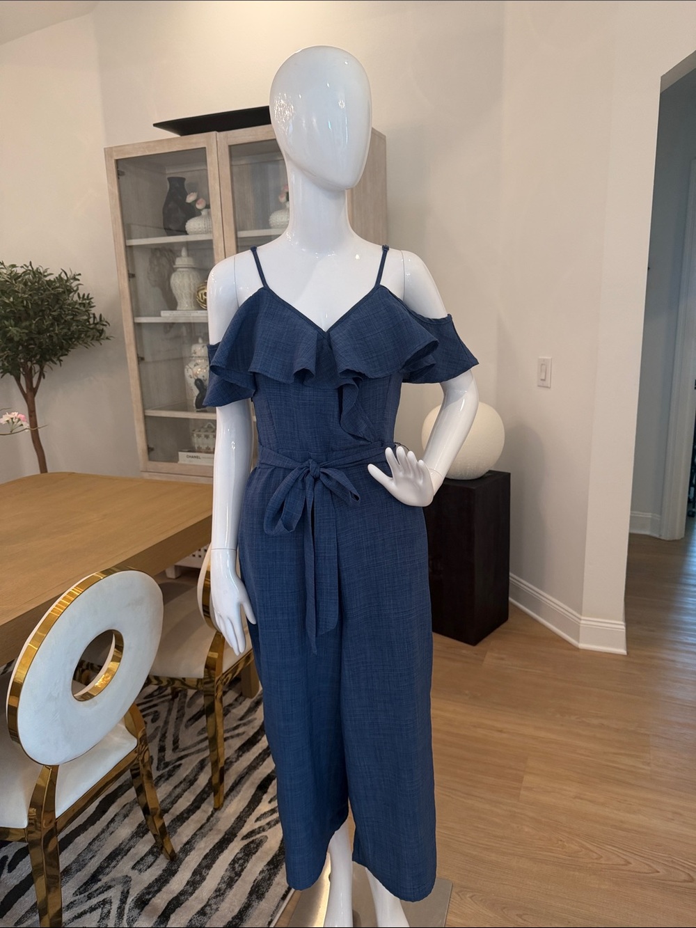 Cold-Shoulder Ruffle Jumpsuit in Navy